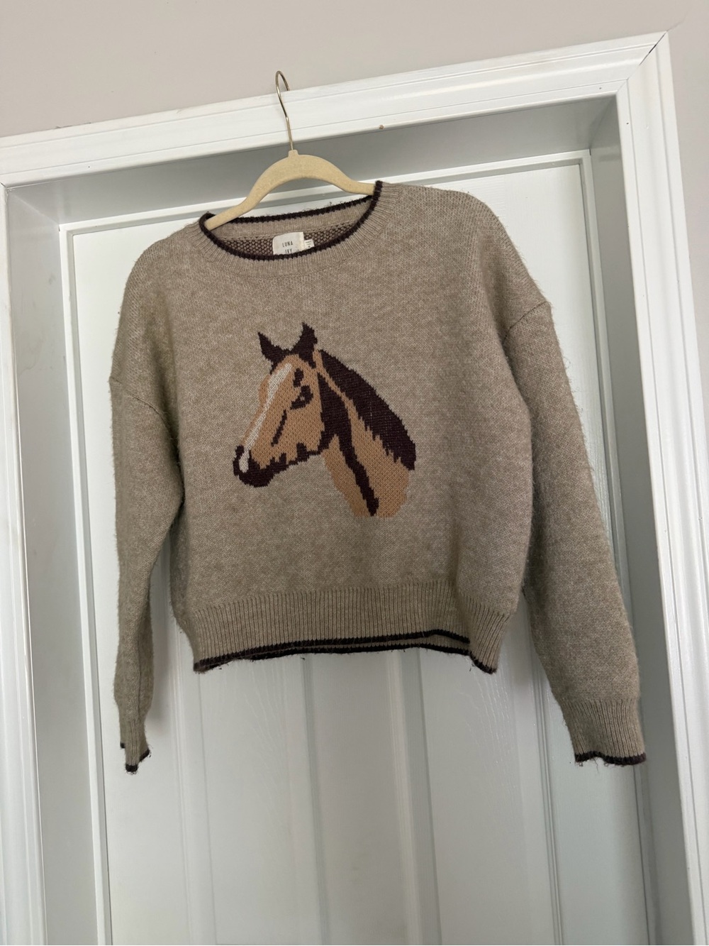 Luna Ivy Horse Crewneck Sweater - Beige